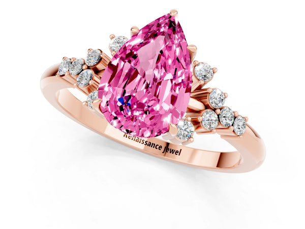 Rose gold Pear Cut Pink Sapphire Ring with Side Stones and Four-Prong Setting