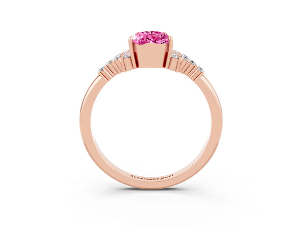 Rose gold Pear Cut Pink Sapphire Ring with Side Stones and Four-Prong Setting