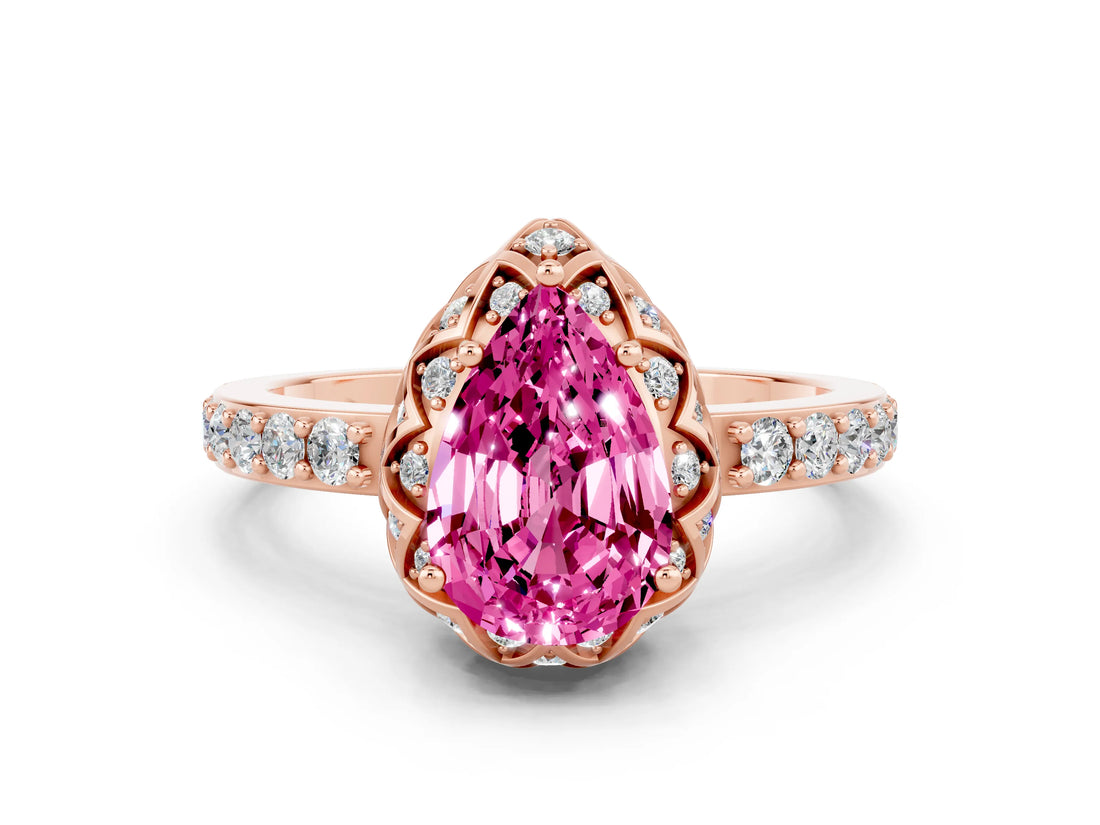 Rose gold Pear Cut Pink Sapphire Scalloped Halo Engagement Ring with Round Shared Prong Band_24