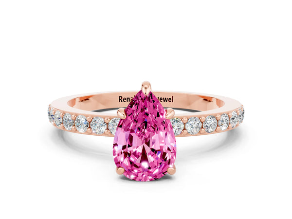 Rose gold Pear Cut Pink Sapphire Solitaire Engagement Ring with Pavé Band and Four-Prong Setting