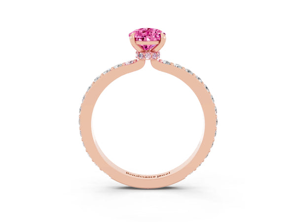 Rose gold Pear Cut Pink Sapphire Solitaire Engagement Ring with Pavé Band and Four-Prong Setting