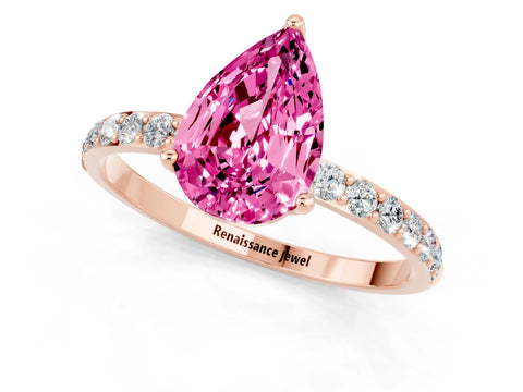 Rose gold Pear Cut Pink Sapphire Solitaire Engagement Ring with Pavé Band and Prong Setting_1