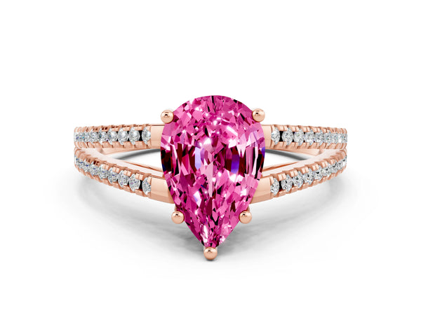 Rose gold Pear Cut Pink Sapphire Solitaire Engagement Ring with Split Shank Pavé Band