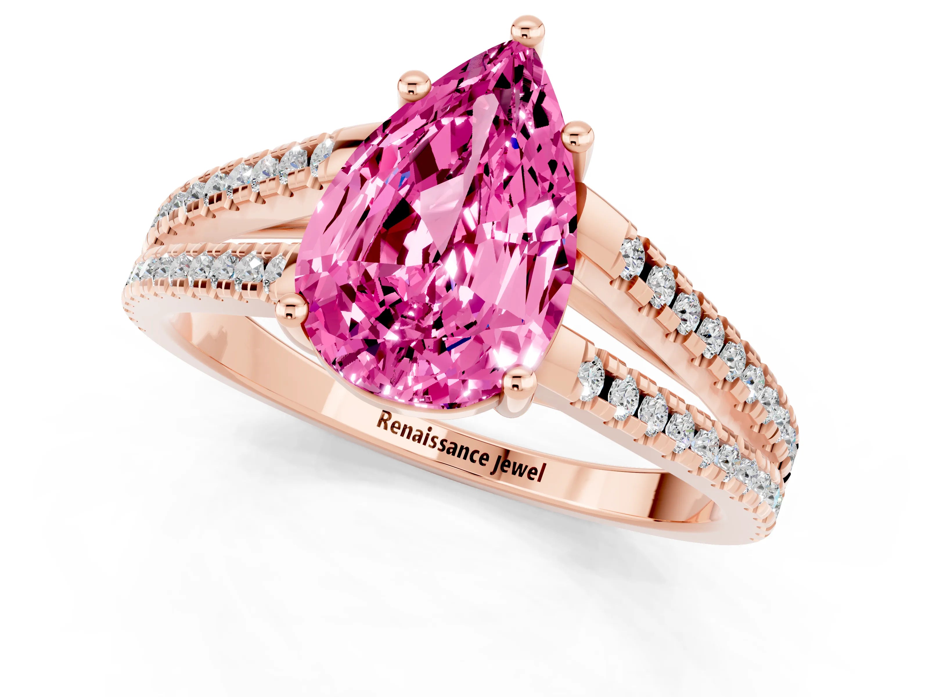 Rose gold Pear Cut Pink Sapphire Solitaire Engagement Ring with Split Shank Pavé Band_13