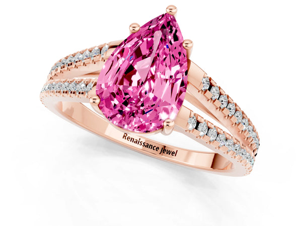 Rose gold Pear Cut Pink Sapphire Solitaire Engagement Ring with Split Shank Pavé Band