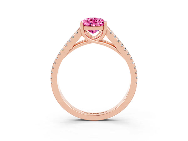 Rose gold Pear Cut Pink Sapphire Solitaire Engagement Ring with Split Shank Pavé Band