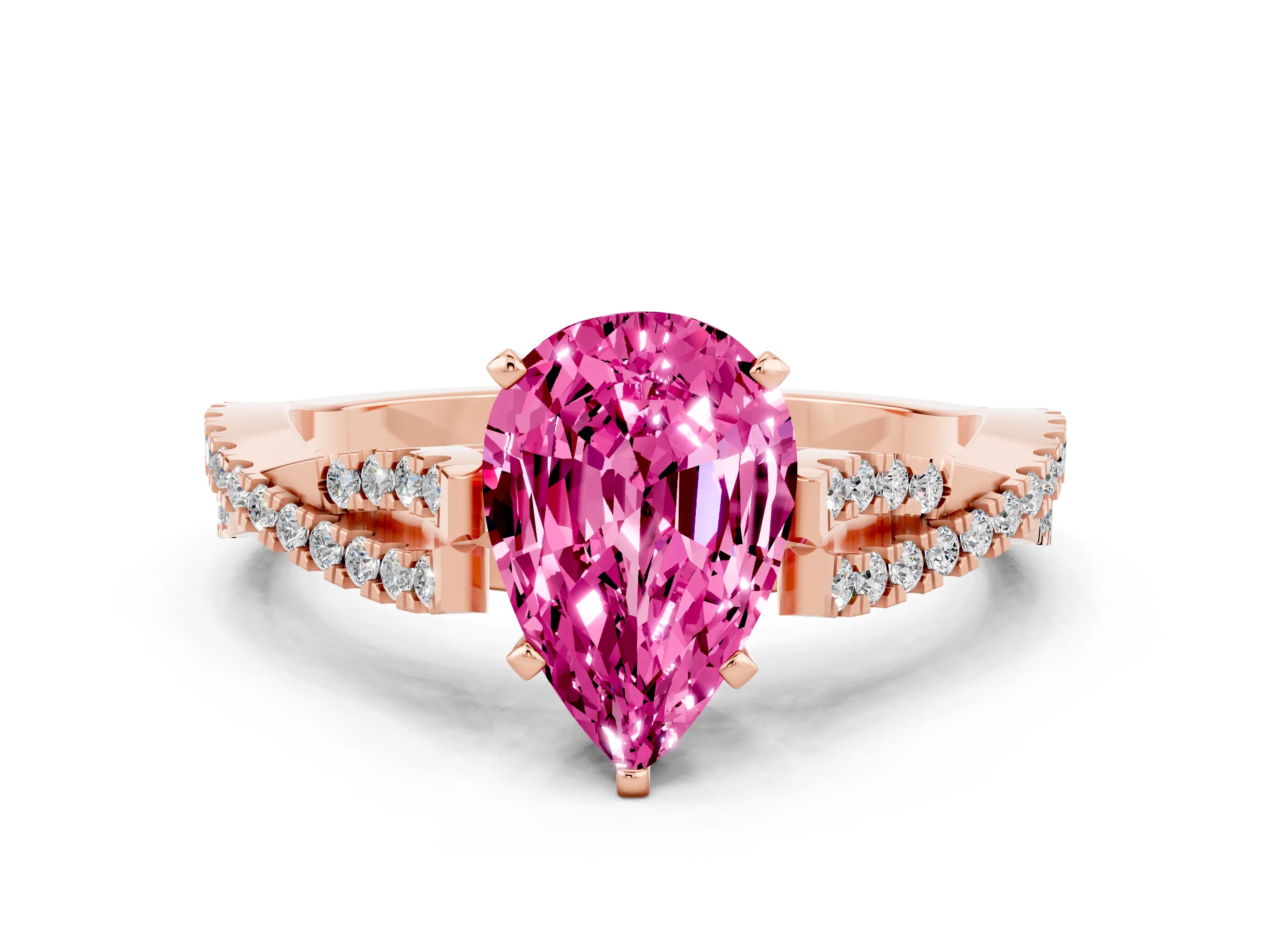 Rose gold Pear Cut Pink Sapphire Solitaire Engagement Ring with Twisted Pavé Band and Four-Prong Setting_12