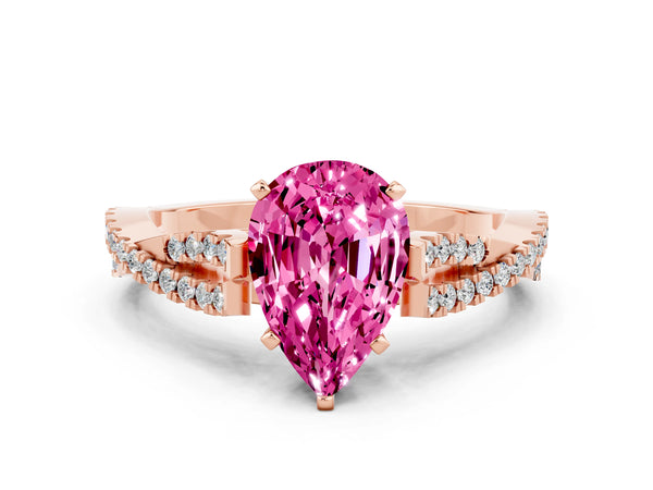 Rose gold Pear Cut Pink Sapphire Solitaire Engagement Ring with Twisted Pavé Band and Four-Prong Setting