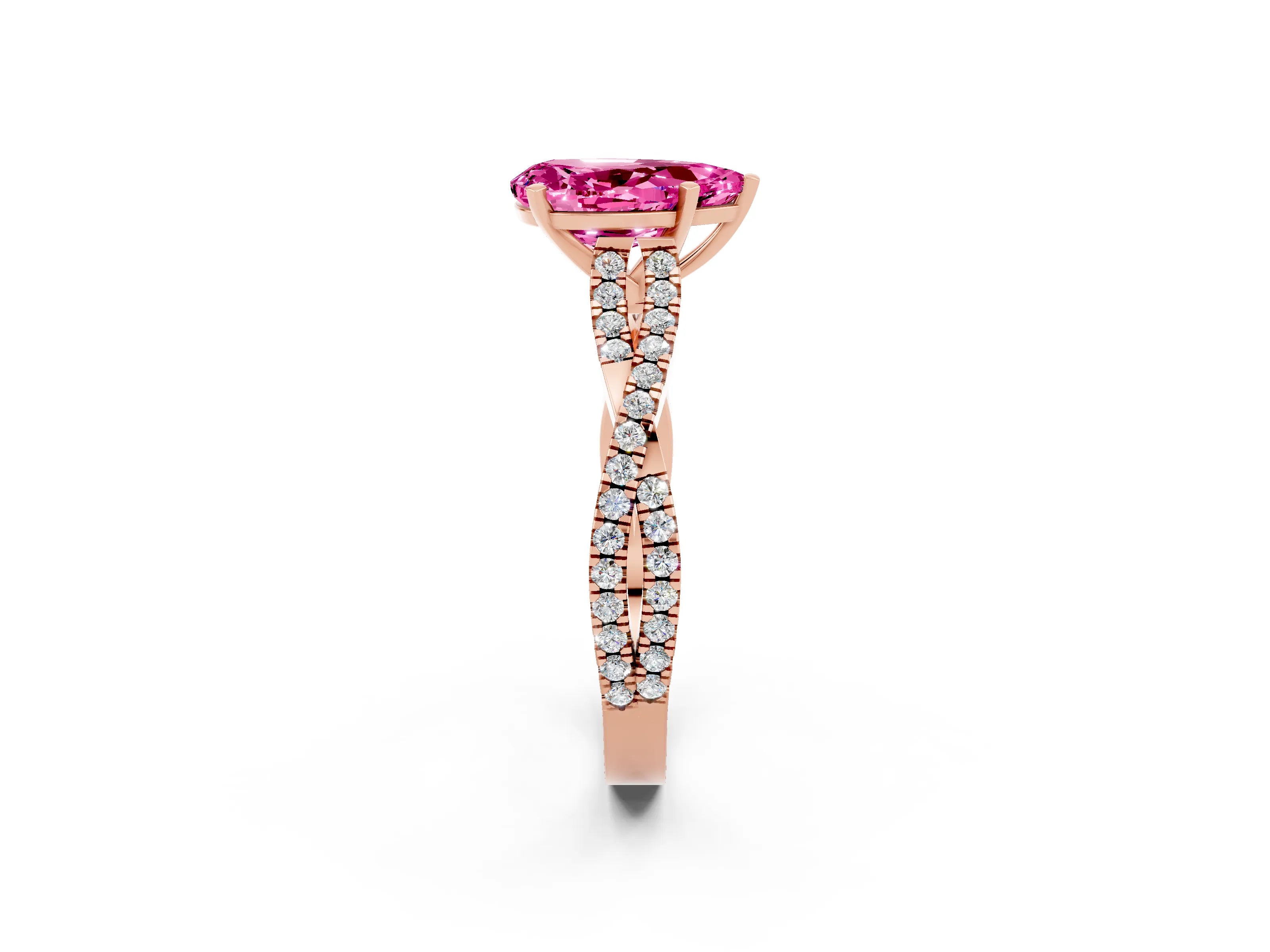 Rose gold Pear Cut Pink Sapphire Solitaire Engagement Ring with Twisted Pavé Band and Four-Prong Setting_14