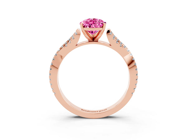 Rose gold Pear Cut Pink Sapphire Solitaire Engagement Ring with Twisted Pavé Band and Four-Prong Setting