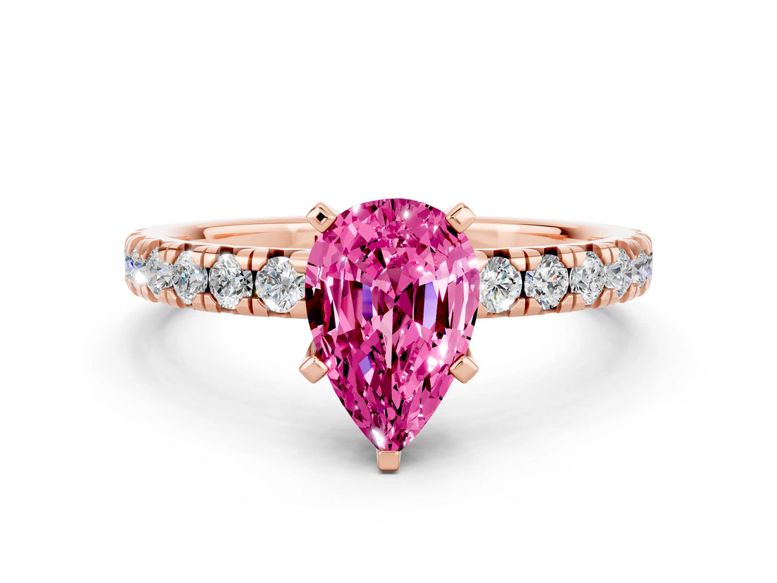 Rose gold Pear Cut Pink Sapphire Solitaire Pavé Engagement Ring with Round Band and Prong Setting_79