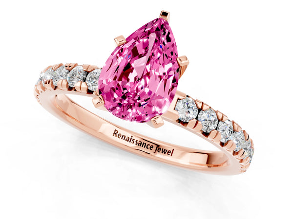 Rose gold Pear Cut Pink Sapphire Solitaire Pavé Engagement Ring with Round Band and Prong Setting