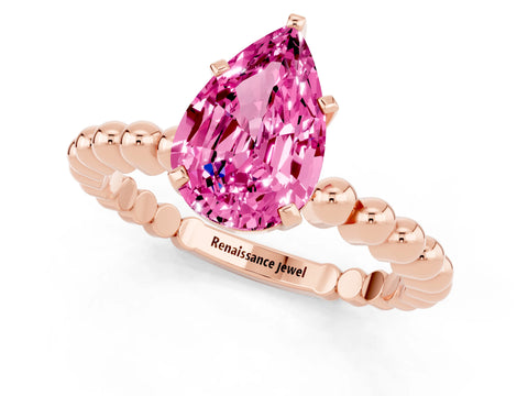 Rose gold Pear Cut Pink Sapphire Solitaire Ring with Beaded Band and Prong Setting_1
