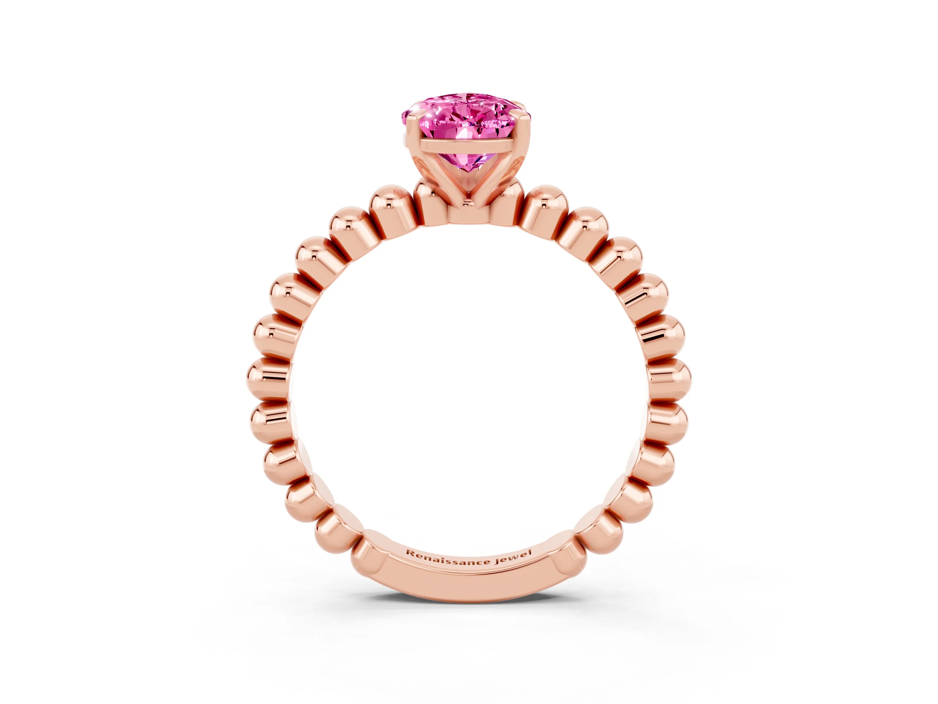 Rose gold Pear Cut Pink Sapphire Solitaire Ring with Beaded Band and Prong Setting_3