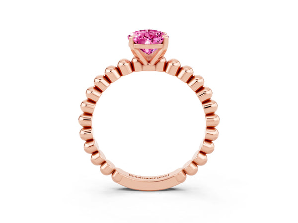 Rose gold Pear Cut Pink Sapphire Solitaire Ring with Beaded Band and Prong Setting