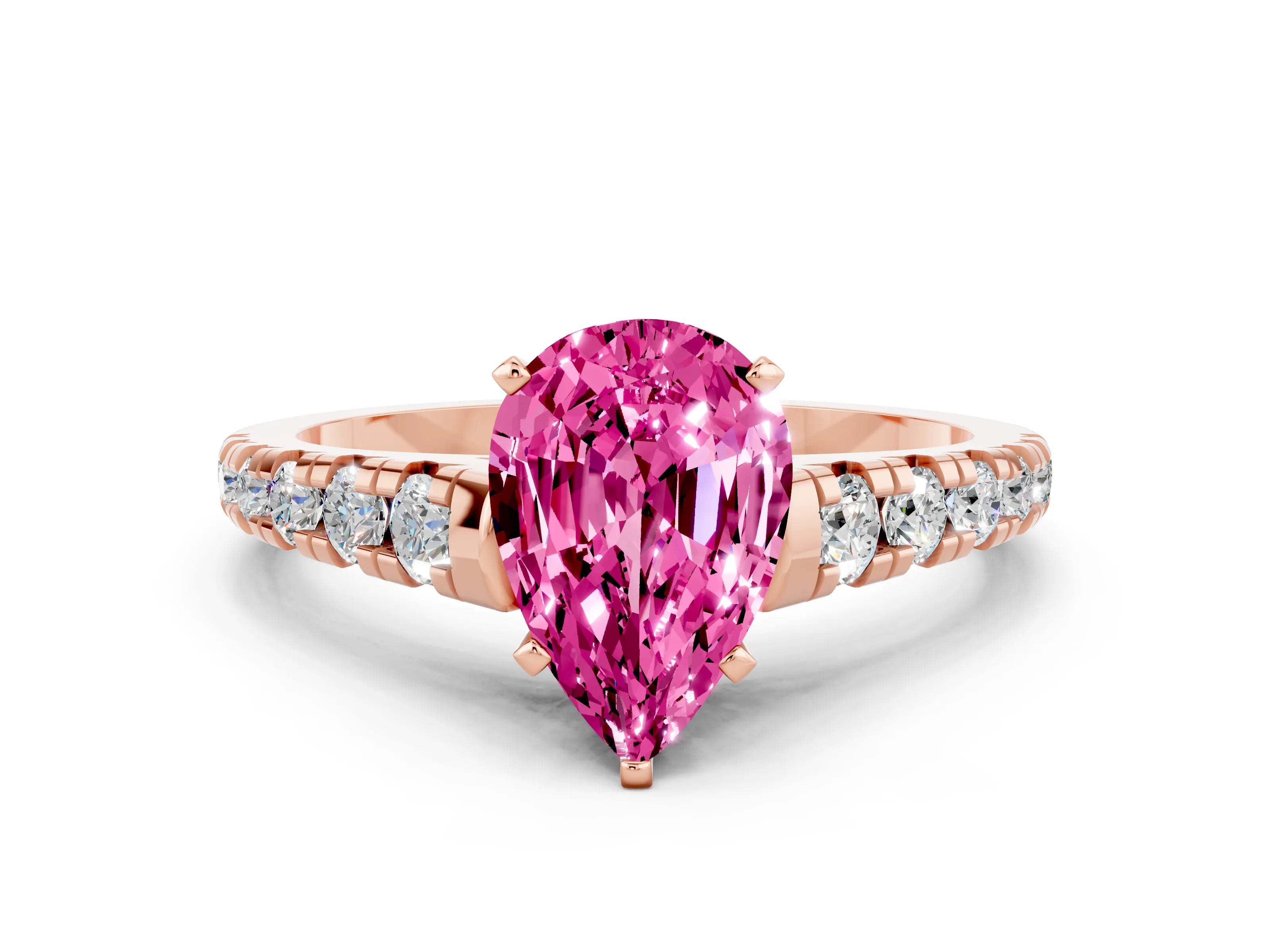 Rose gold Pear Cut Pink Sapphire Solitaire Ring with Cathedral Setting and Pavé Band_24