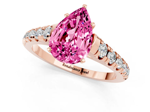 Rose gold Pear Cut Pink Sapphire Solitaire Ring with Cathedral Setting and Pavé Band_25