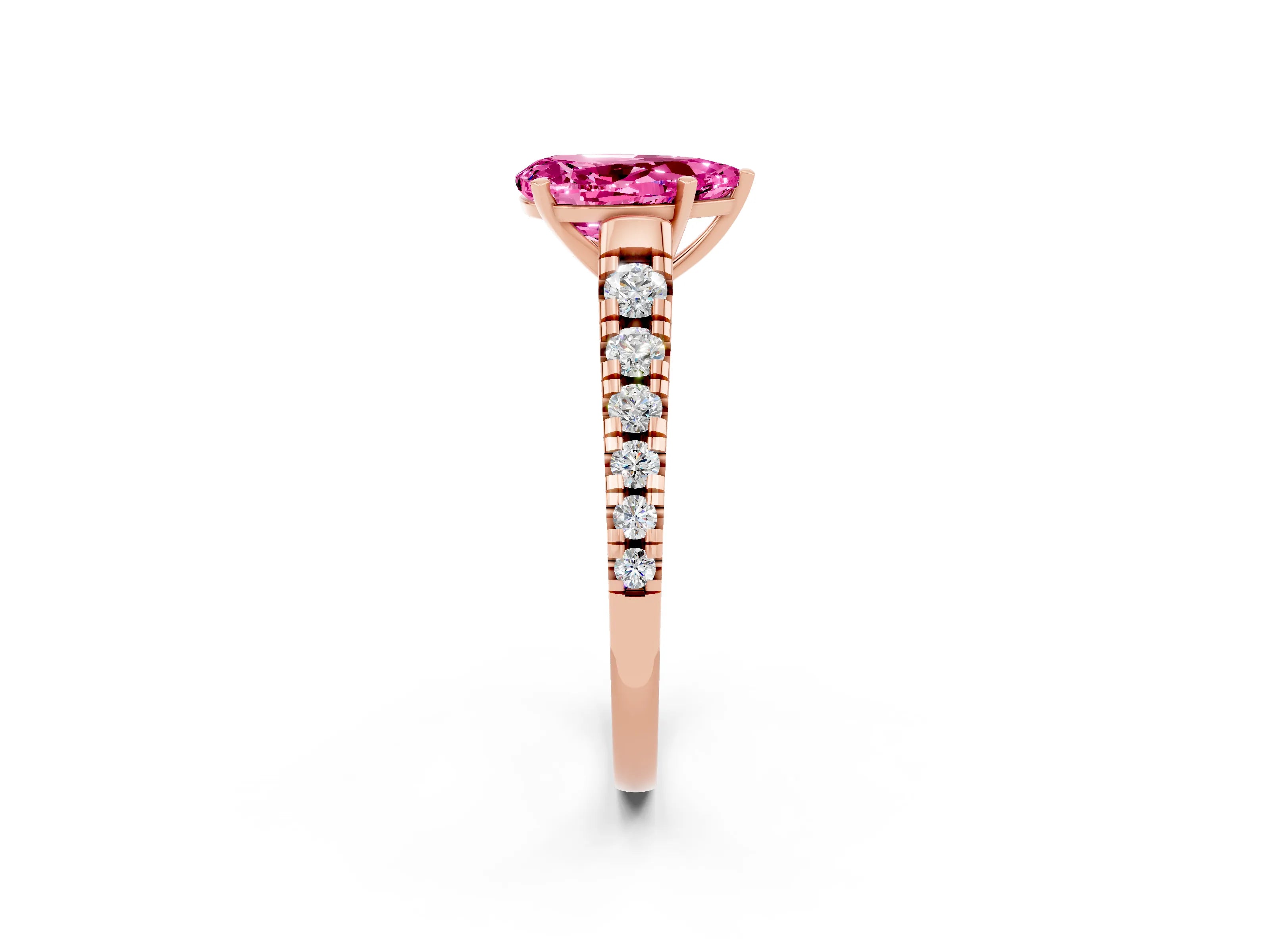 Rose gold Pear Cut Pink Sapphire Solitaire Ring with Cathedral Setting and Pavé Band_26