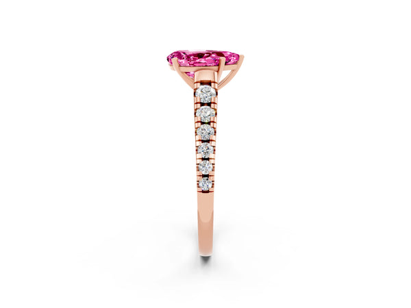 Rose gold Pear Cut Pink Sapphire Cathedral Solitaire Ring with Round  Pavé Band