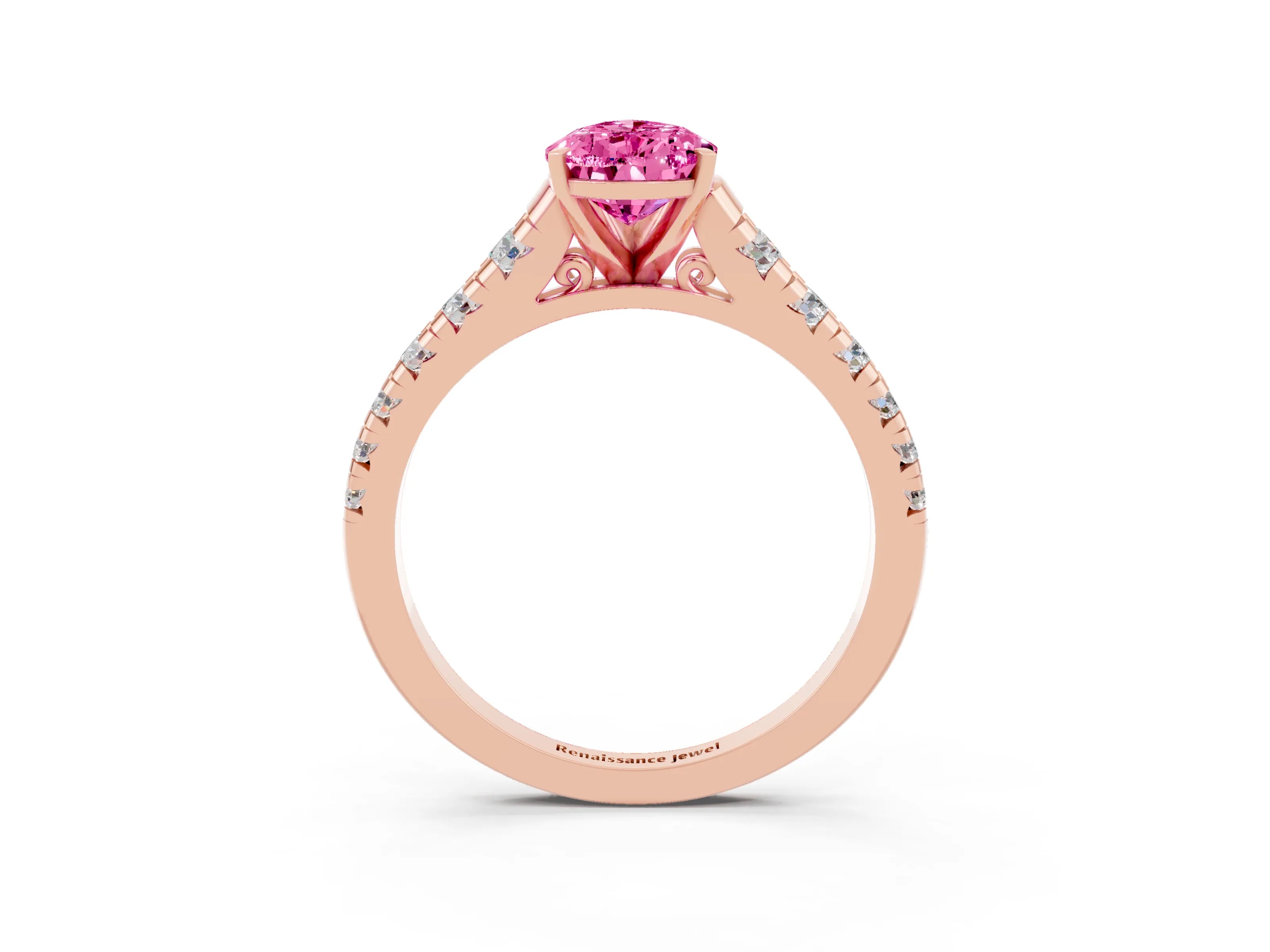 Rose gold Pear Cut Pink Sapphire Solitaire Ring with Cathedral Setting and Pavé Band_27
