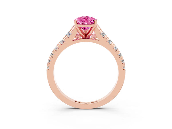 Rose gold Pear Cut Pink Sapphire Cathedral Solitaire Ring with Round  Pavé Band