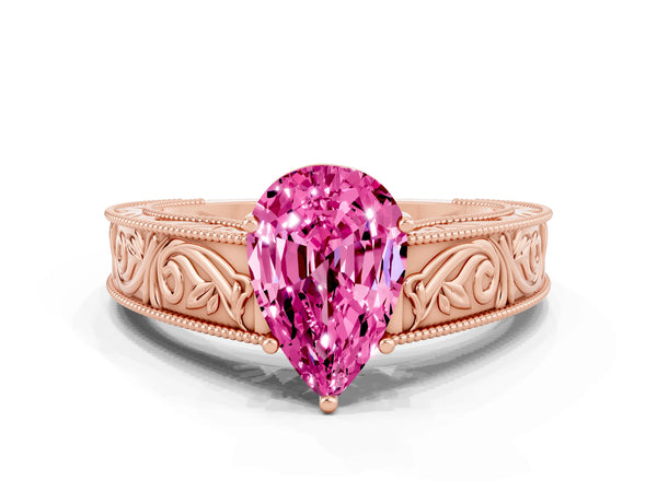 Rose gold Pear Cut Pink Sapphire Solitaire Ring with Engraved Band and Four-Prong Setting