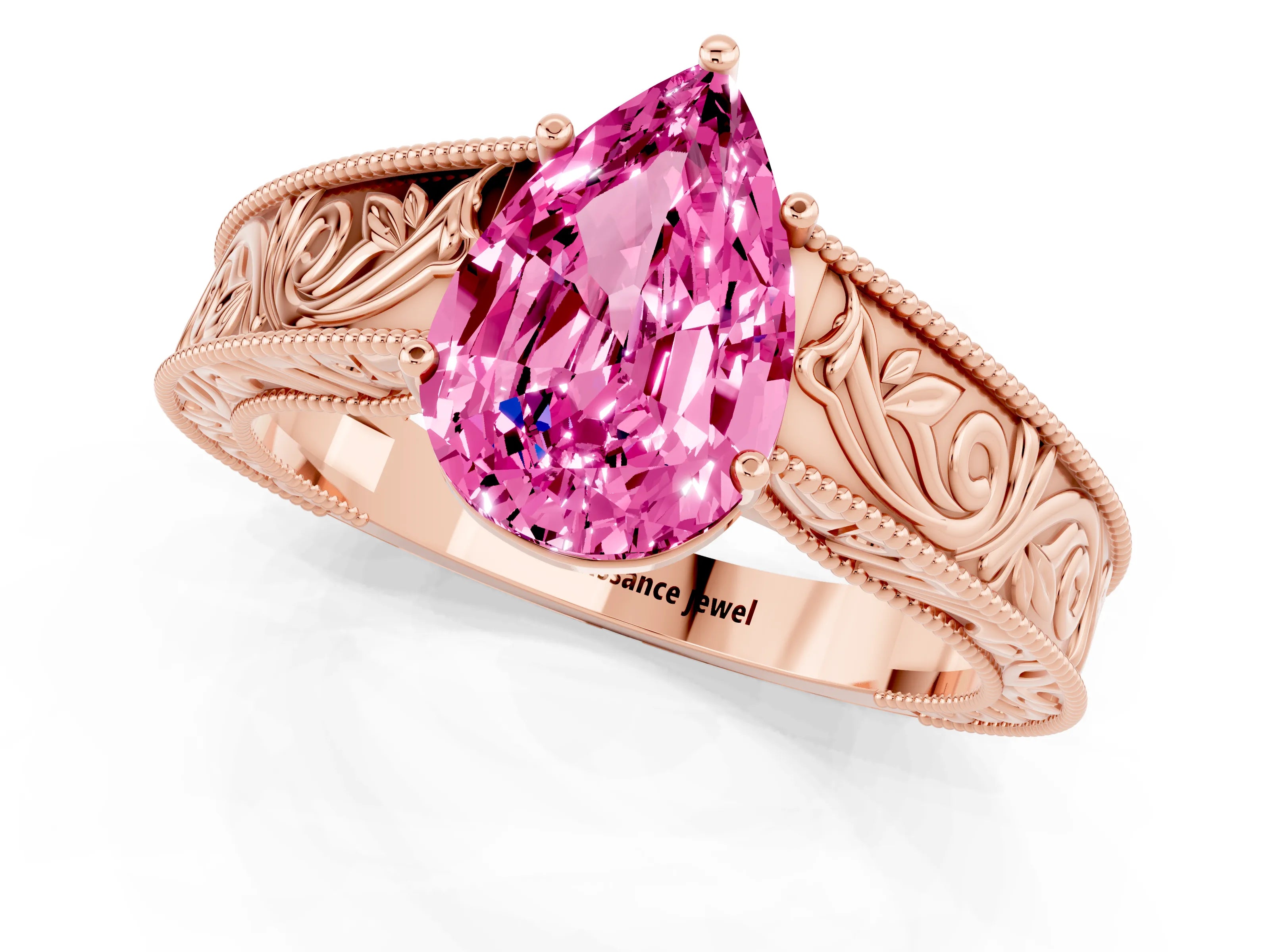 Rose gold Pear Cut Pink Sapphire Solitaire Ring with Engraved Band and Four-Prong Setting_1