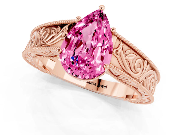 Rose gold Pear Cut Pink Sapphire Solitaire Ring with Engraved Band and Four-Prong Setting