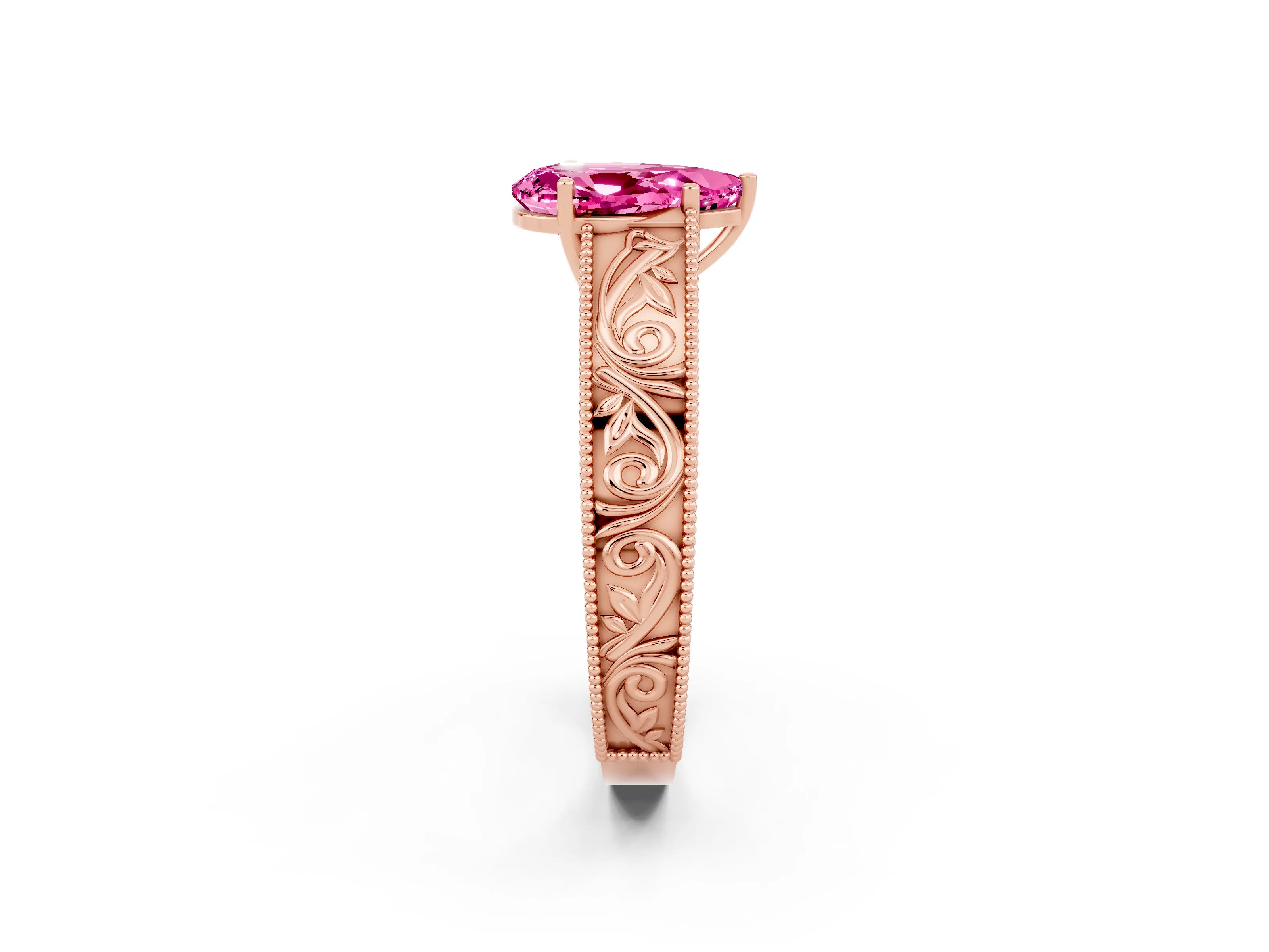 Rose gold Pear Cut Pink Sapphire Solitaire Ring with Engraved Band and Four-Prong Setting_2