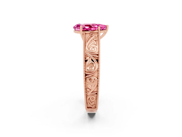 Rose gold Pear Cut Pink Sapphire Solitaire Ring with Engraved Band and Four-Prong Setting