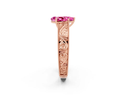 Rose gold Pear Cut Pink Sapphire Solitaire Ring with Engraved Band and Four-Prong Setting_2