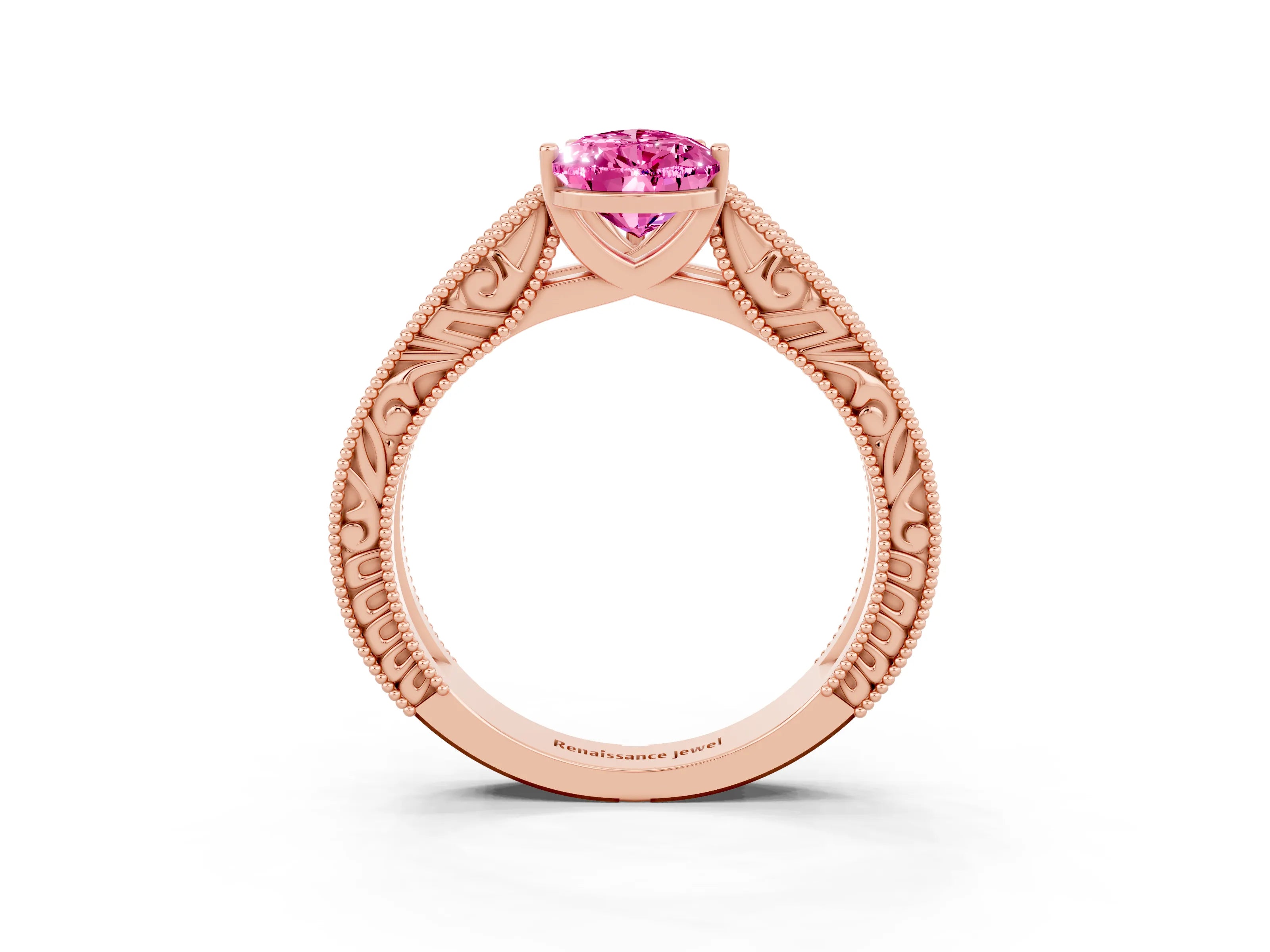 Rose gold Pear Cut Pink Sapphire Solitaire Ring with Engraved Band and Four-Prong Setting_3