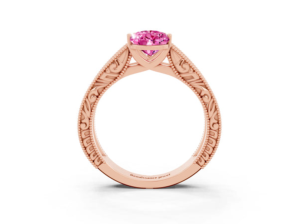 Rose gold Pear Cut Pink Sapphire Solitaire Ring with Engraved Band and Four-Prong Setting
