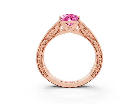 Rose gold Pear Cut Pink Sapphire Solitaire Ring with Engraved Band and Four-Prong Setting_3
