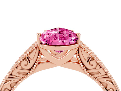 Rose gold Pear Cut Pink Sapphire Solitaire Ring with Engraved Band and Four-Prong Setting_4