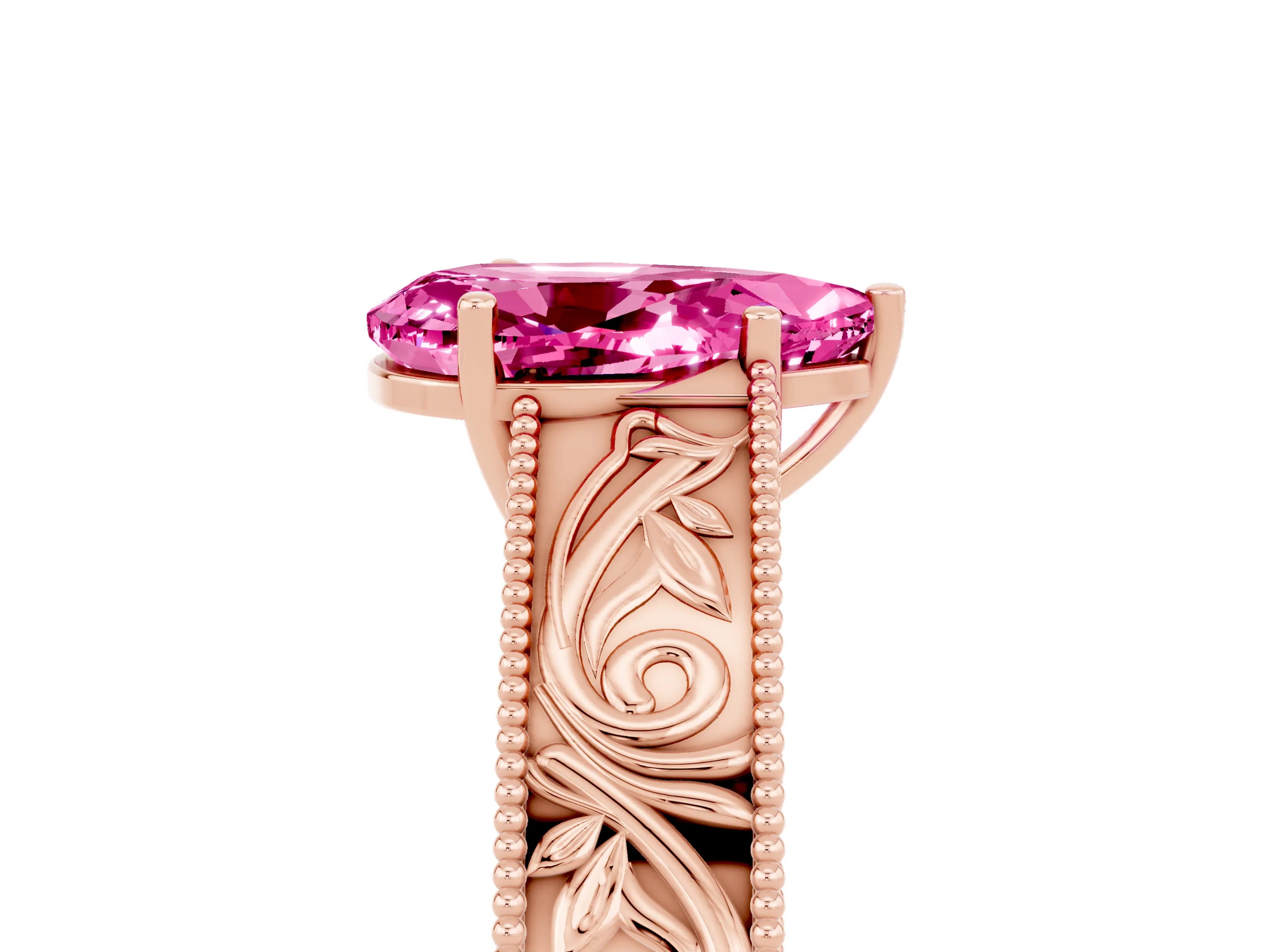 Rose gold Pear Cut Pink Sapphire Solitaire Ring with Engraved Band and Four-Prong Setting_5