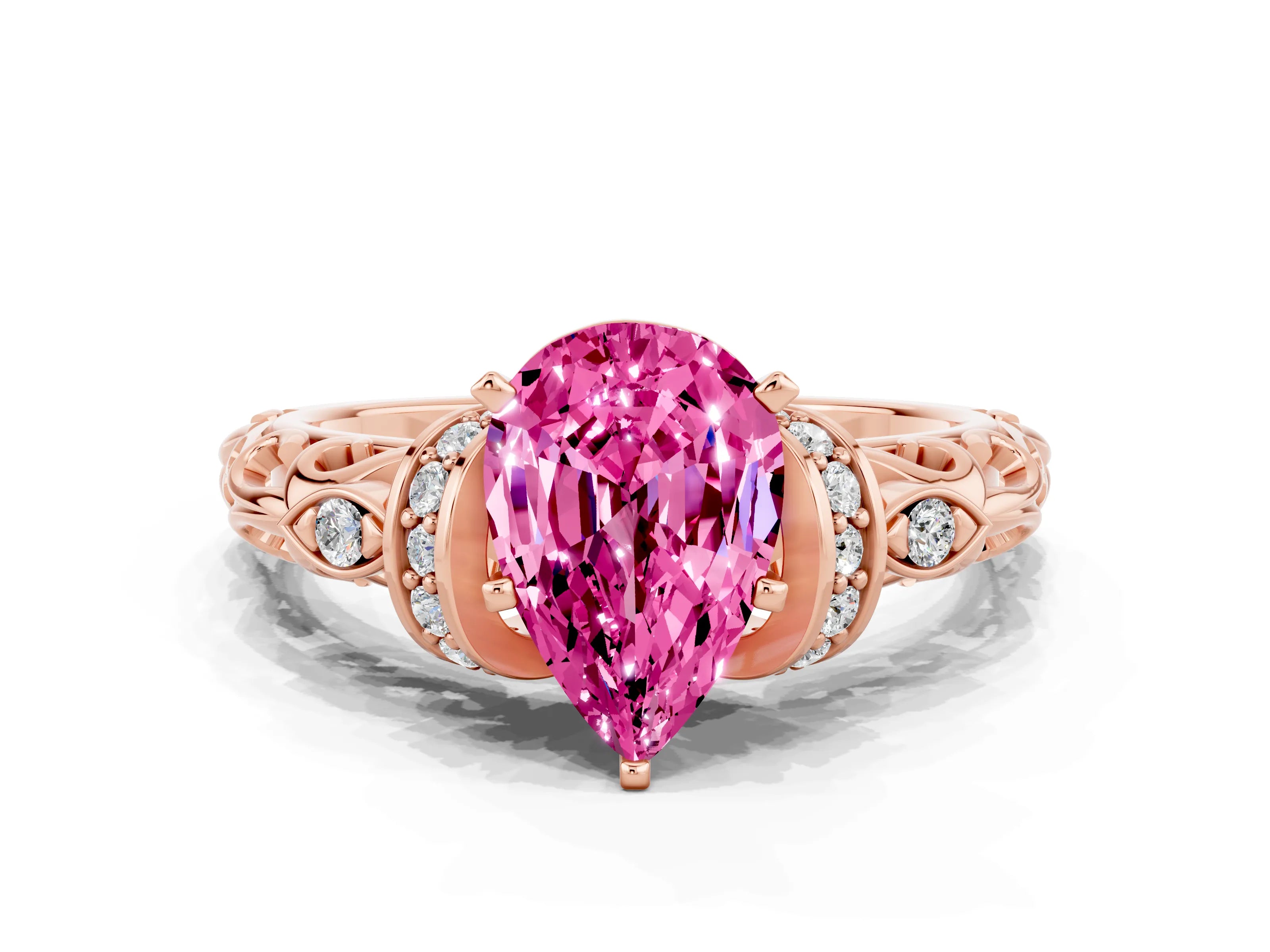 Rose gold Pear Cut Pink Sapphire Solitaire Ring with Filigree Band and Four-Prong Setting_68