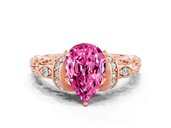 Rose gold Pear Cut Pink Sapphire Solitaire Ring with Filigree Band and Four-Prong Setting