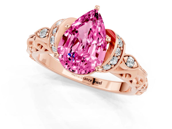 Rose gold Pear Cut Pink Sapphire Solitaire Ring with Filigree Band and Four-Prong Setting