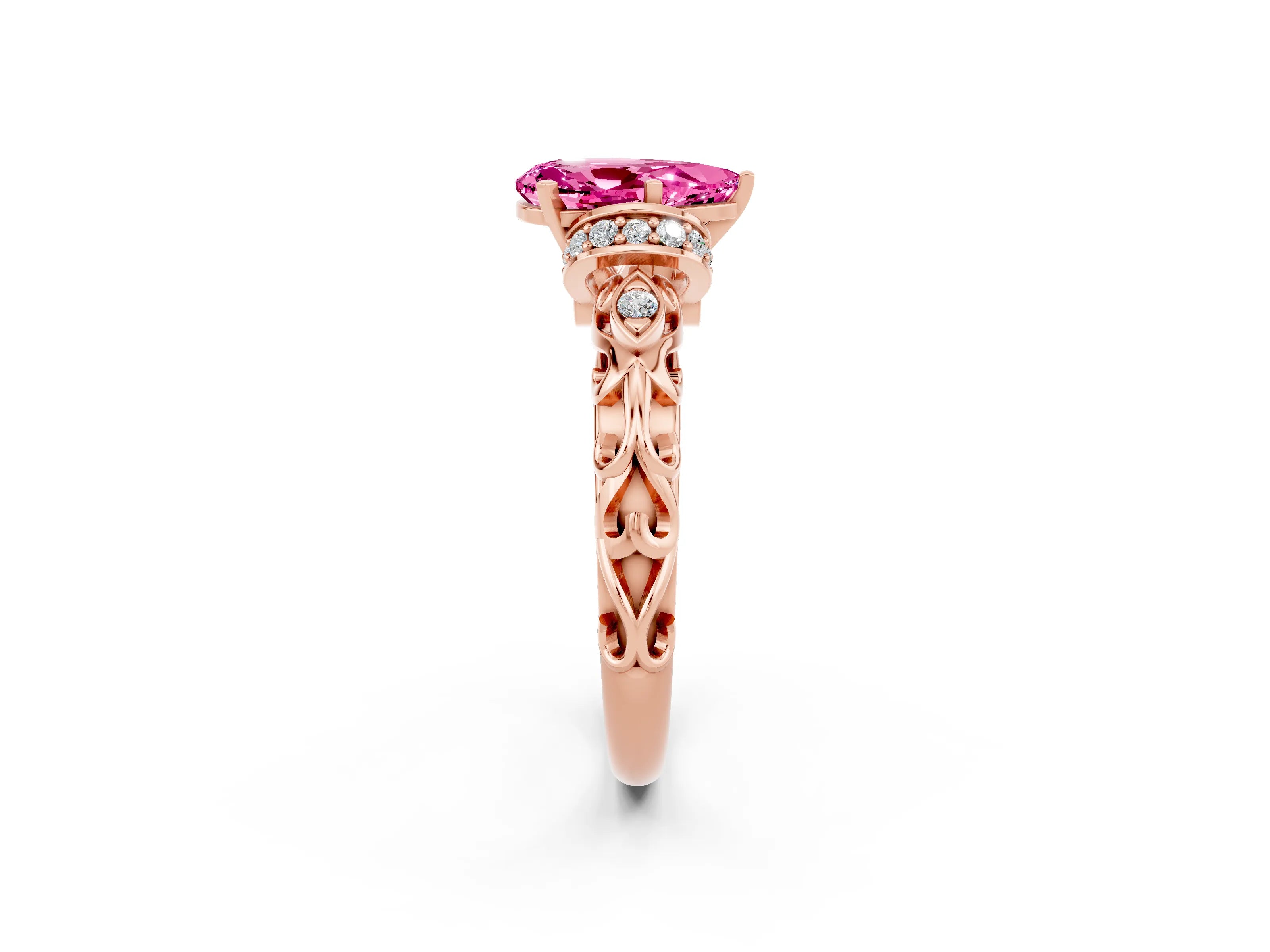 Rose gold Pear Cut Pink Sapphire Solitaire Ring with Filigree Band and Four-Prong Setting_70
