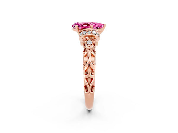 Rose gold Pear Cut Pink Sapphire Solitaire Ring with Filigree Band and Four-Prong Setting