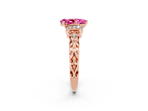 Rose gold Pear Cut Pink Sapphire Solitaire Ring with Filigree Band and Four-Prong Setting_70