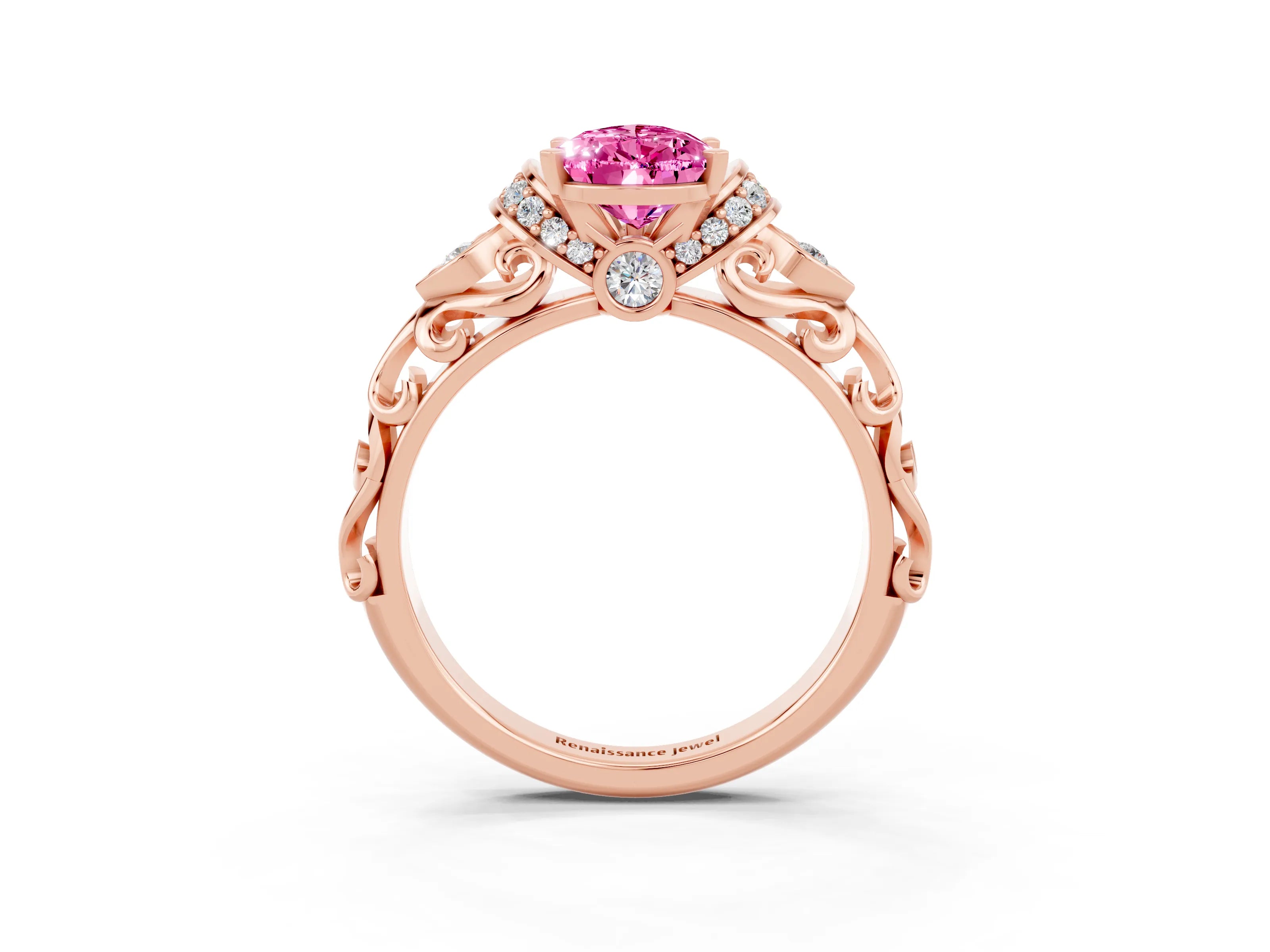 Rose gold Pear Cut Pink Sapphire Solitaire Ring with Filigree Band and Four-Prong Setting_71