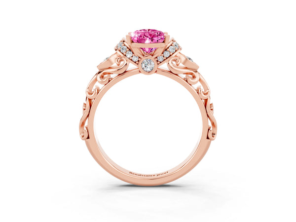 Rose gold Pear Cut Pink Sapphire Solitaire Ring with Filigree Band and Four-Prong Setting
