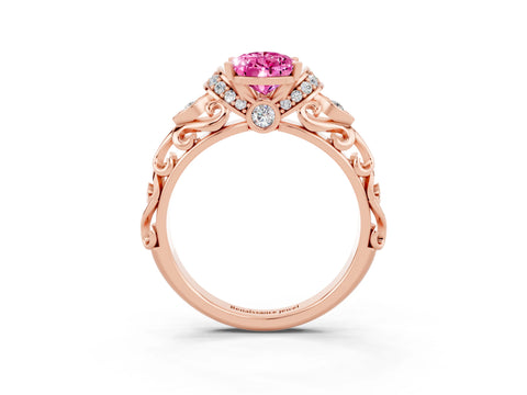 Rose gold Pear Cut Pink Sapphire Solitaire Ring with Filigree Band and Four-Prong Setting_71