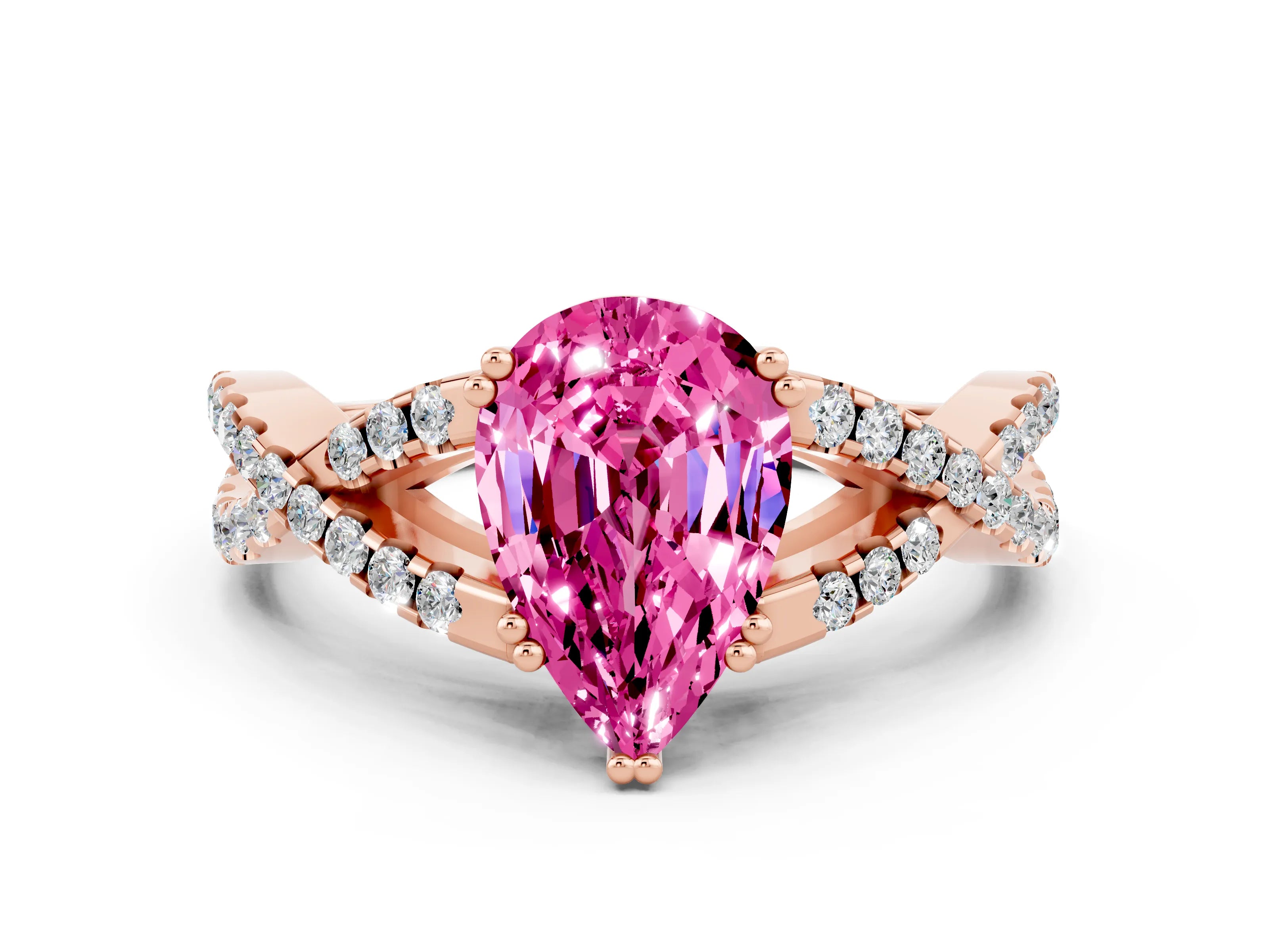 Rose gold Pear Cut Pink Sapphire Solitaire Ring with Four-Prong Setting and Twisted Pavé Band_12