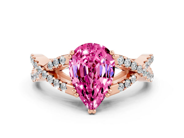Rose gold Pear Cut Pink Sapphire Solitaire Ring with Four-Prong Setting and Twisted Pavé Band
