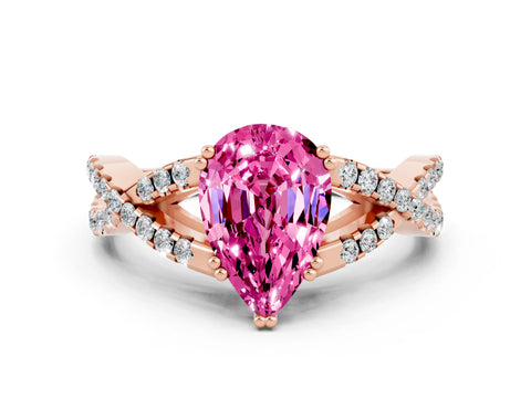 Rose gold Pear Cut Pink Sapphire Solitaire Ring with Four-Prong Setting and Twisted Pavé Band_12