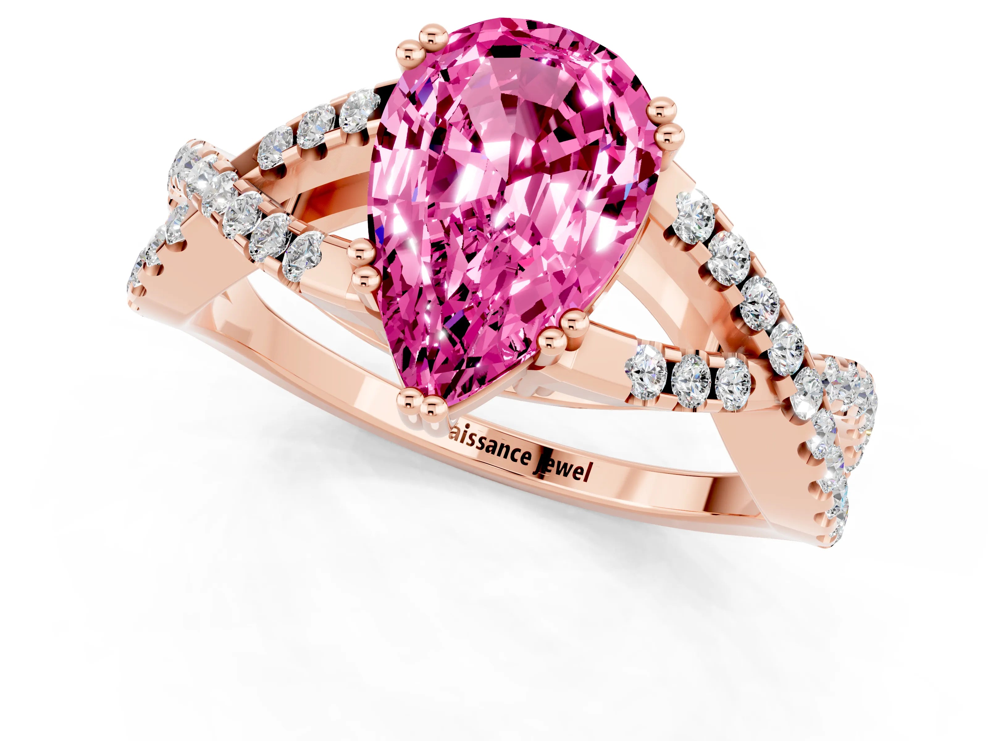 Rose gold Pear Cut Pink Sapphire Solitaire Ring with Four-Prong Setting and Twisted Pavé Band_13
