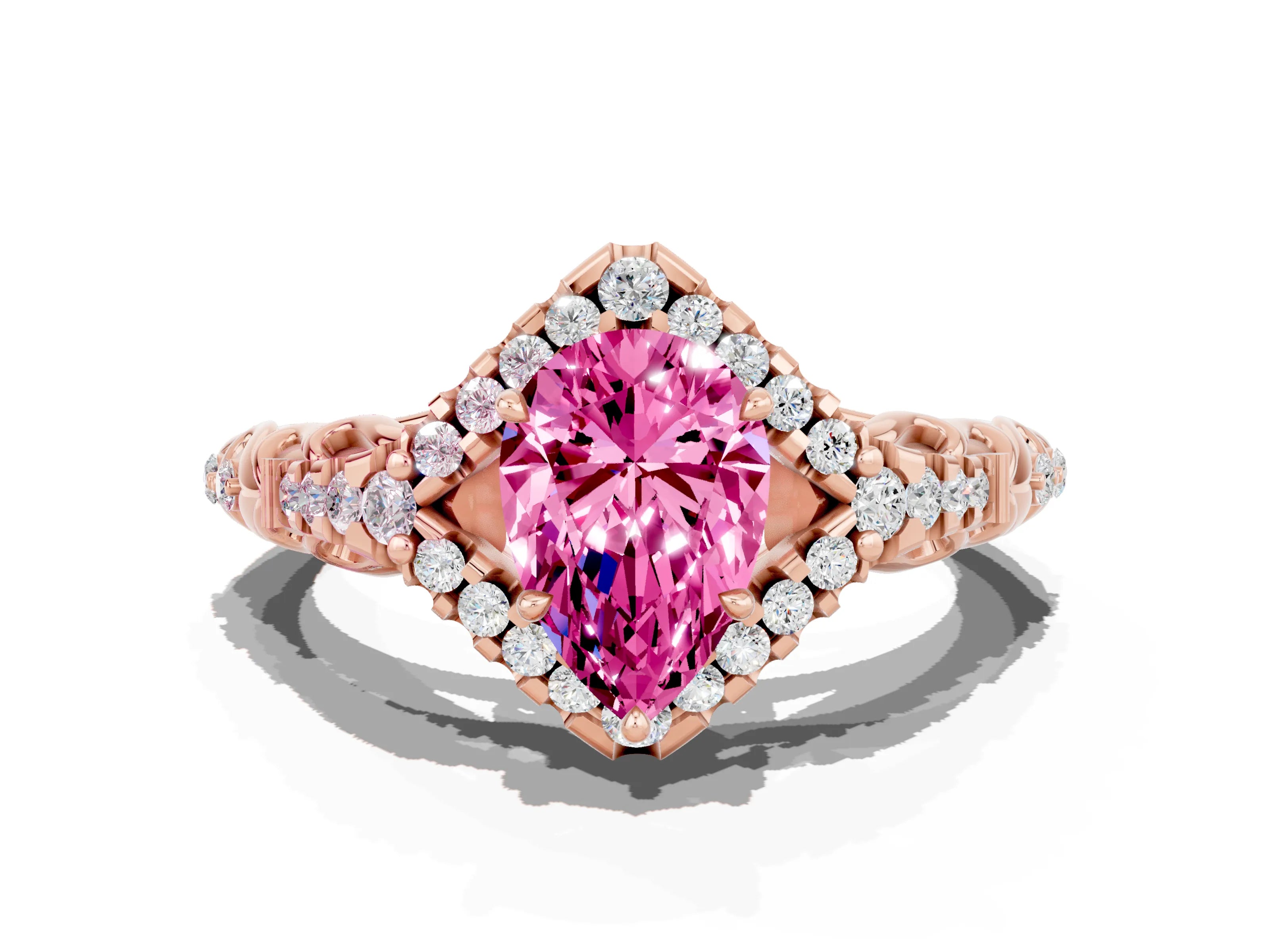 Rose gold Pear Cut Pink Sapphire Solitaire Ring with Hidden Halo and Pavé Band_12